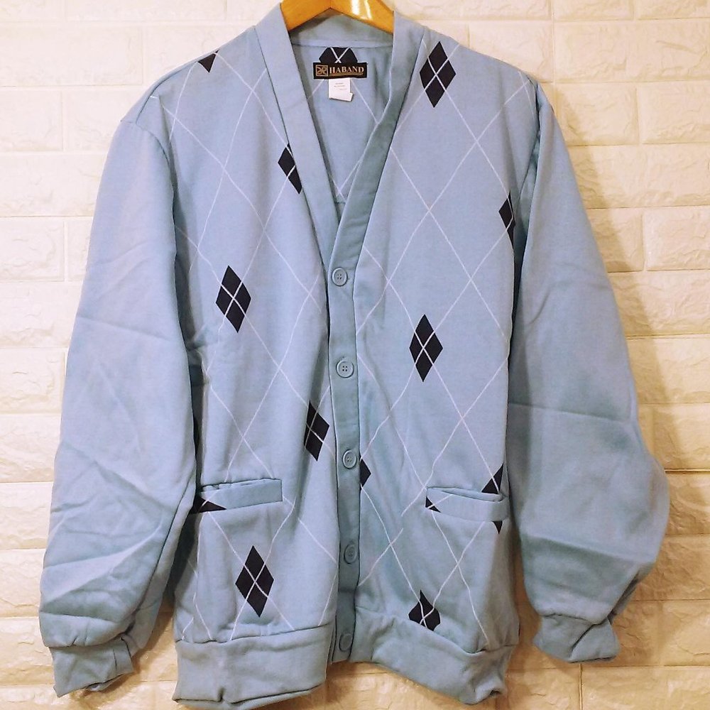 Deadstock Haband Argyle Sweatshirt Cardigan Sz-XL Slouchy Pocket Sky Blue Navy
